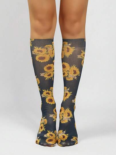 1 Pair Women's Chrysanthemum Mid-Calf Socks, Random Floral Print Women's Knee-High Socks, Women's Fashion Knee-High Socks