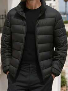Men's Lightweight Stand Collar Down Jacket, Black Portable Packable Lightweight Down Coat, Minimalist Warm Short Jacket For Daily Commute - Black - View 1