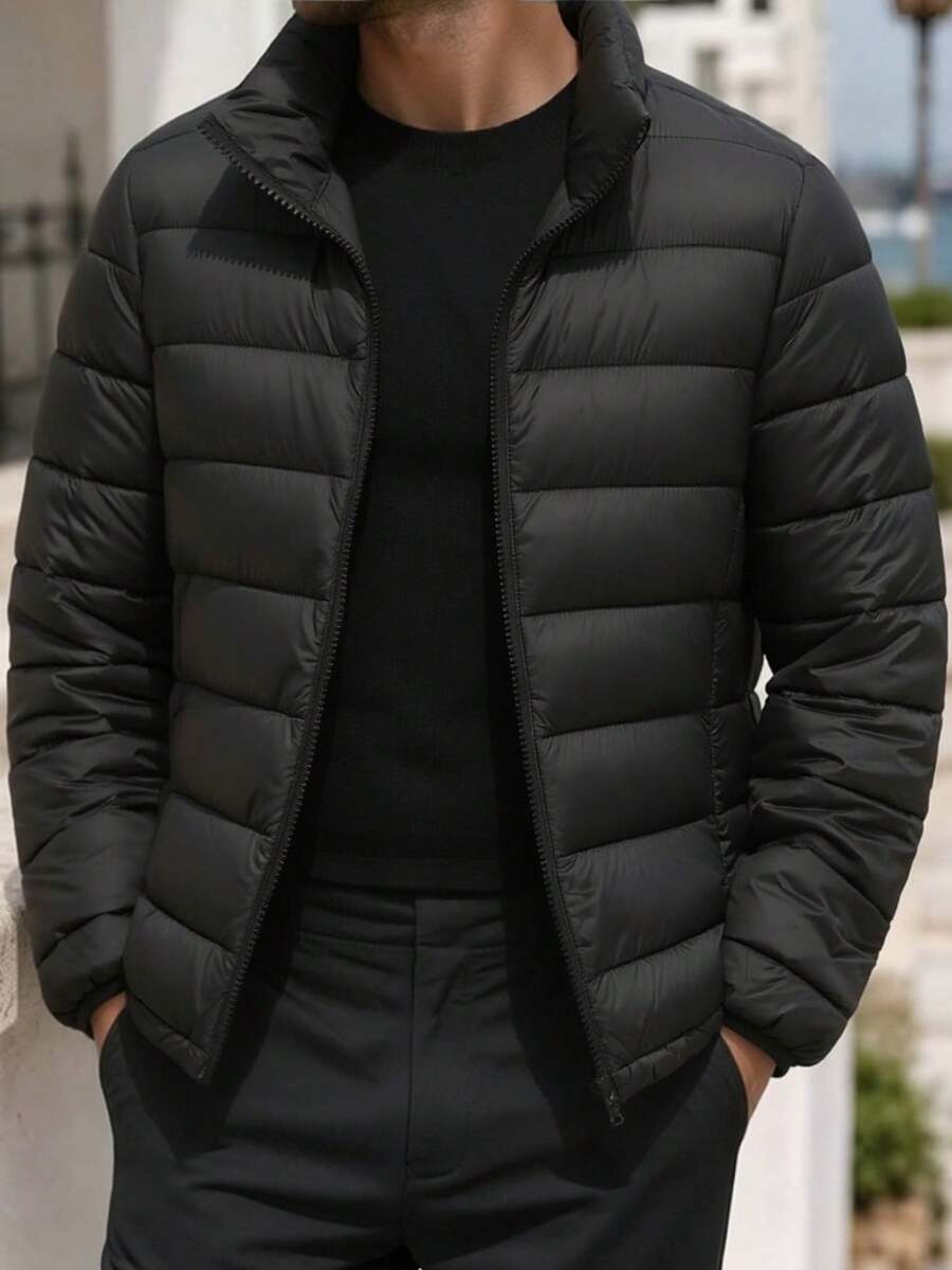 Men's Lightweight Stand Collar Down Jacket, Black Portable Packable Lightweight Down Coat, Minimalist Warm Short Jacket For Daily Commute - Black - View 1