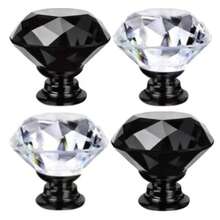 4/6/12er Set gemischte 30mm Kristall Schrankknöpfe, Diamant Glas Schubladengriffe mit Schrauben, geeignet für Schminktisch, Küche und Badezimmer, (Alles Schwarz + Schwarze Basis) - Komplett schwarz mit schwarzem Untergrund - Übersicht 4