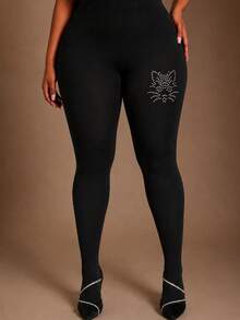 1 Pair Hot-Stamping Rhinestone Cat Face Black High Elasticity Plus Size Sexy Cute Unique Date Night Daily Commute Spring Autumn Tights - Multicolor - View 2