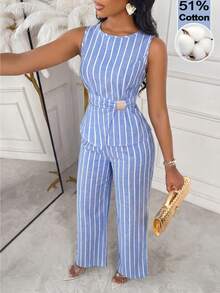 AIJ Women's Elegant Casual 2 Pieces Set, Boat Neck Striped Tank Top Paired With Tie Waist Wide Leg Pants Summer - Blue and White Stripes - View 1