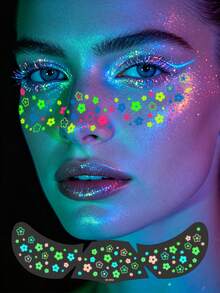 2 piezas Pegatinas de tatuaje de pecas con flores que brillan en la oscuridad y neón, pegatinas faciales florales que brillan en la oscuridad, tatuajes de pecas, tatuajes falsos para fiestas y uso diario - Multicolor - Ver 4