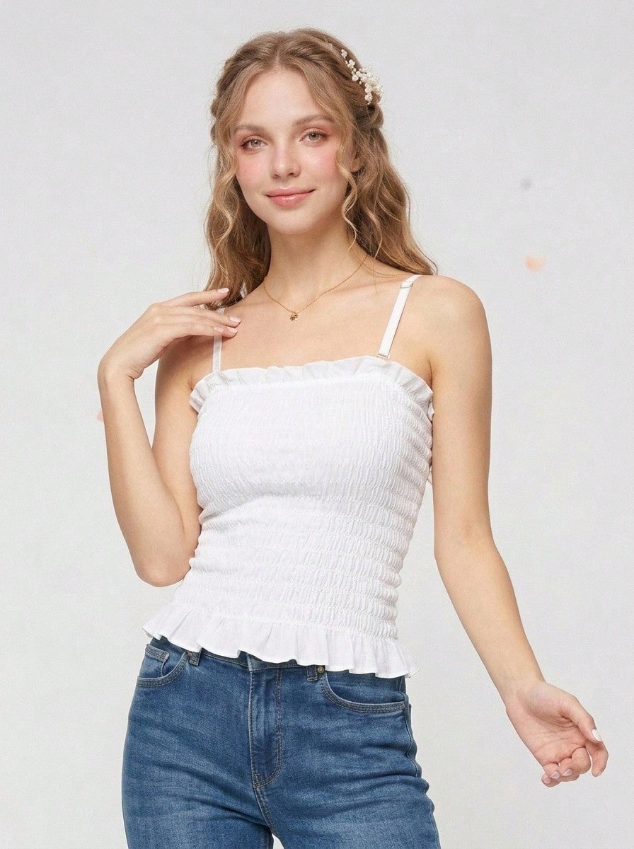 Aesletic 1pc New Women's Summer Ice Silk Beautiful Back Strapless Padded Top With Shirred, For Wearing Inside Or Outside - White - View 1