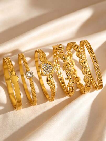 Vintage Elegant Old Money Style Gold 304 Stainless Steel Bracelet With Bow, Heart, Hollow Geometric Design And Rhinestones, Fade-Resistant, Minimalist Luxury, Suitable For Women's Daily, Party, Vacation And Gift Jewelry Accessory
