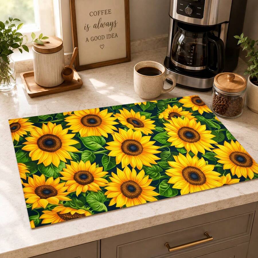 1pc Sunflower Pattern Diatomaceous Earth Absorbent Drainage Mat, Non-Slip Heat-Resistant Kitchen Countertop Drying Mat, Coffee Machine Mat/Beverage Mat/Dish Rack Mat, Easy To Clean And Hide Stains, Suitable For Kitchen, Dining Table, Coffee Bar, Bar, Party And Home Decor - Multicolor - View 1
