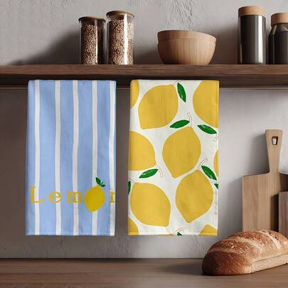 Ensemble de 2 pièces de serviettes de cuisine thème citron - Chiffon de vaisselle à imprimé géométrique de citron bleu, serviette de thé réutilisable et absorbante, convient pour le nettoyage, décoratif et lavable à la main, parfait pour un cadeau de pendaison de crémaillère, design de fruit citron, spécialement conçu pour la maison moderne