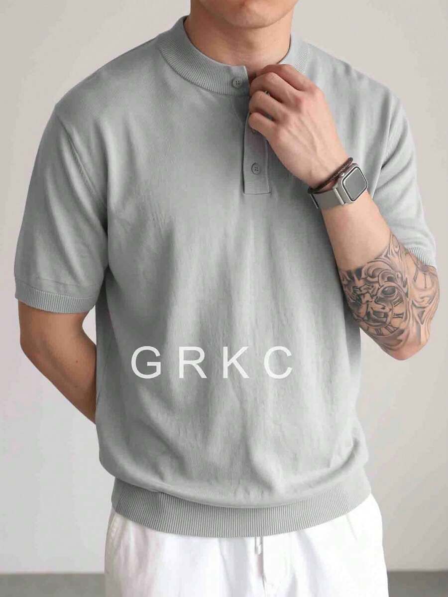 Men's Henley Collar Short Sleeve Knit Top, Slightly Loose Casual Everyday Style, Smooth Textured Knit, Spring/Summer - Light Grey - View 1
