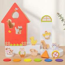 Juguete de emparejamiento de casa de granja de madera portátil para niños, juego de emparejamiento de colores, formas y animales, adecuado para niños y niñas de 2 años en adelante para el entrenamiento de habilidades motoras finas, juguete de juego interactivo - Multicolor - Ver 11