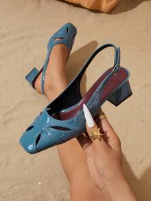 French Style Closed Toe New Elegant Solid Color Low Vamp Women's Chunky Heel Sandals - Dusty Blue - View 1