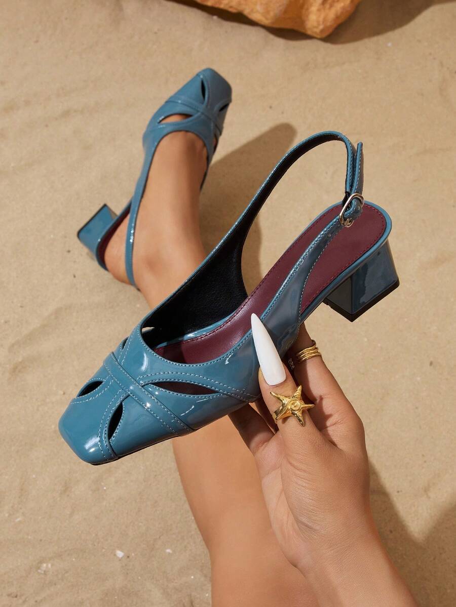 French Style Closed Toe New Elegant Solid Color Low Vamp Women's Chunky Heel Sandals - Dusty Blue - View 1