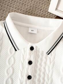 Tween Boy Casual Elegant Fashionable Handsome Textured Jacquard Fabric Long Sleeve POLO Shirt Suitable For Spring/Summer Season Suitable For Back To School Daily Outings Vacation - White - View 6