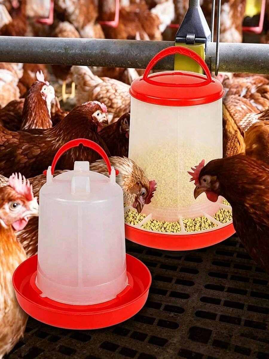 Automatic Pet Feeding And Watering Set, 160ml/1KG/2KG Capacity, Suitable For Chickens, Pigeons, Quails And Other Poultry, Livestock Feed Trough And Water Bucket, Unattended Feeding And Watering Equipment - Red and White - View 1
