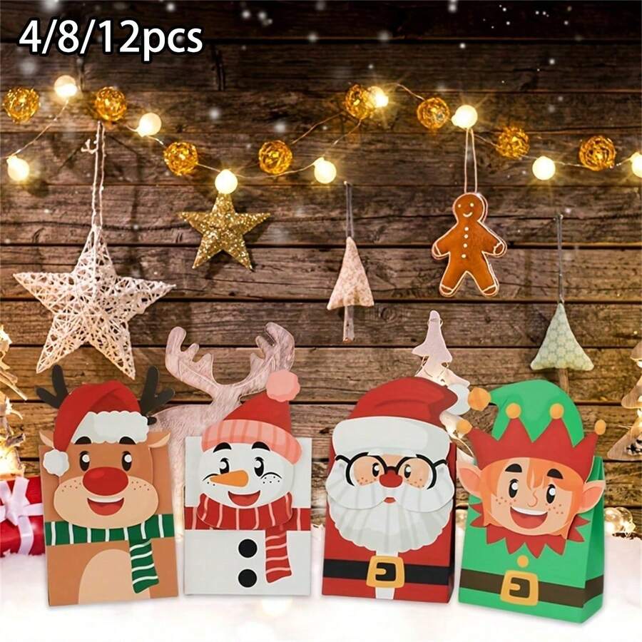 4/8/12pcs 3D Santa Snowman Reindeer Elf Party Box Packs, Xmas Goodie Boxes For Holiday Party Favors, Gift Boxes For Christmas Party Decorations - View 1