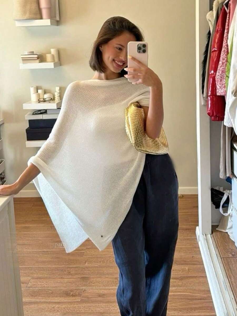 1pc Solid Color Knitted Asymmetrical Mesh Cape Shawl - Multicolor - View 1