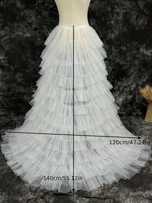 1 Pc Layered White Tulle Train Wrap Skirt Tie Waist Ruffle Tutu Overlay For Wedding Bride Evening Formal Party Dress Layering Accessory - A - View 11