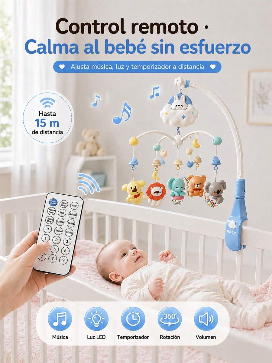 Móvil musical para bebé, juguete colgante tranquilizador para cuna, rotación de 360°, con mordedor desmontable para bebé, sonajeros y luz nocturna musical para dormir, regalo de cumpleaños para bebés recién nacidos niños y niñas. - Azul - Ver 1