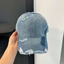 1pc New Letter Embroidered Washed Denim Baseball Cap Women American Vintage Distressed Duck Bill Hat Soft Top Large Head Circumference - Multicolor - View 1