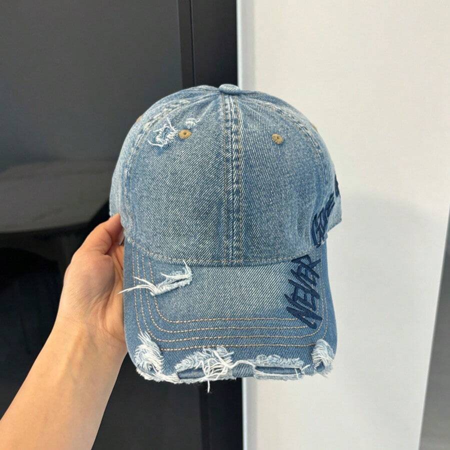 1pc New Letter Embroidered Washed Denim Baseball Cap Women American Vintage Distressed Duck Bill Hat Soft Top Large Head Circumference - Multicolor - View 1