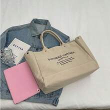Japanese Retro Large Capacity Canvas Tote Bag For Women, INS Slouchy Letter Print Commuter Shoulder Handbag Bucket Bag - Multicolor - View 4