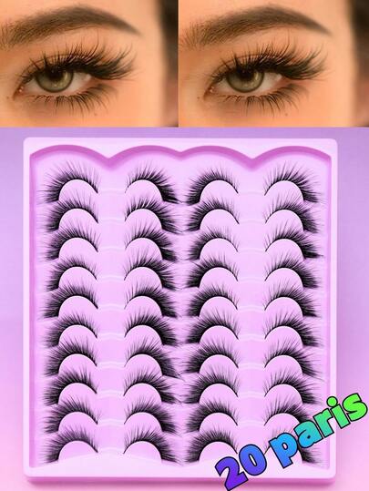 20 Pairs Of Natural Fox-Style False Eyelashes, Fluffy And Soft, Dramatic 3D Mink Lashes, Delicate And Fine, DIY Single-Cluster Lashes, Perfect For Bold, Dramatic Eye Makeup, Comfortable And Reusable.