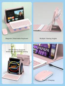 無線鍵盤與滑鼠套組，相容 iPad A16 11代/10代、9代/8代/7代 10.2 吋、Air 10.9 吋/11 吋、Pro 11 吋，PU 皮革平板配件，可拆卸無線鍵盤（150mAh 電池）與附筆槽保護殼 - 粉色 - 查看 9