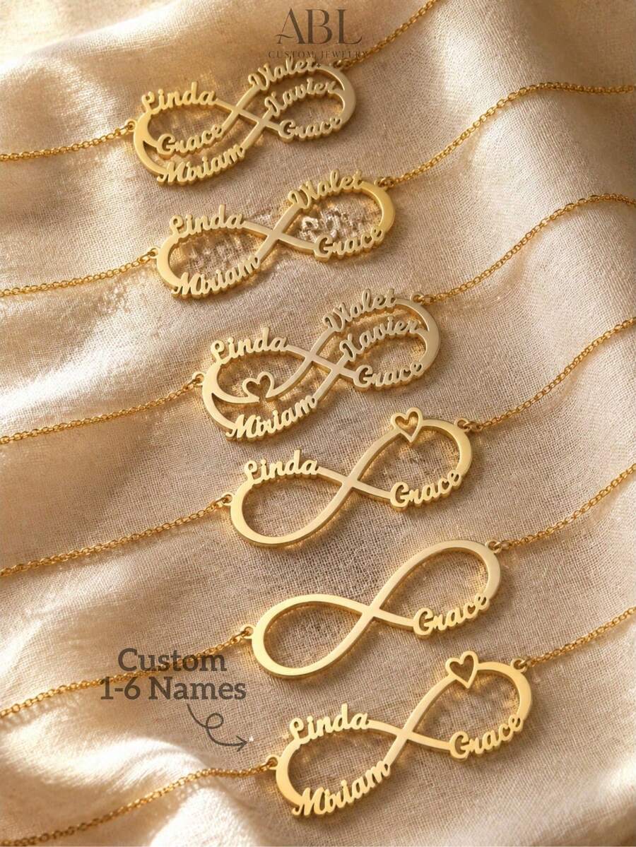 Customized Family Member Name Infinity Necklace, Personalized Heart Pendant Necklace For Women, Thanksgiving Gift, Christmas Gift - Gold - View 1