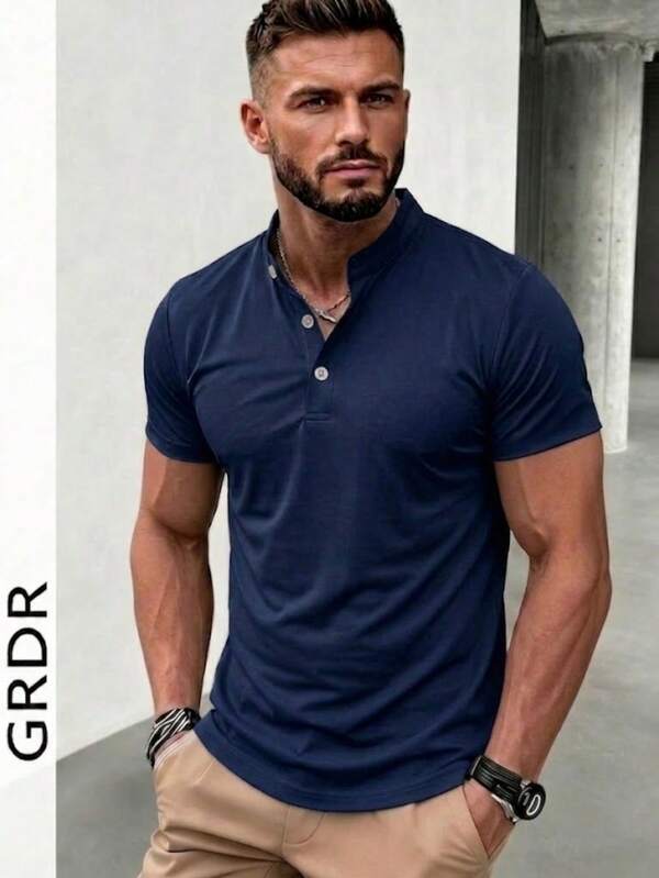 GRDR Men's Summer Lightweight Cool Polyester Fabric Fashion Classic Solid Color Henley Neck Short Sleeve, Casual Style Essential, Summer Window Display Must-Have