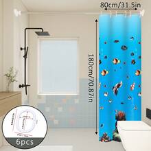 1pc Cartoon Underwater World Pattern Shower Curtain Bathroom Divider Curtain With Hooks - Royal Blue - View 8