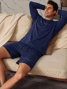 Men's Summer Crew Neck Casual Long Sleeve T-Shirt And Casual Shorts Loungewear Set - Navy Blue - View 5