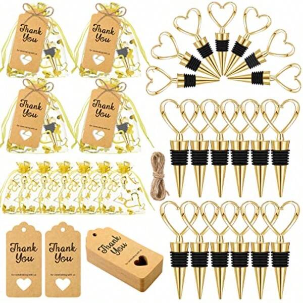 Limited-Time Special Offer 24 Set Wedding Heart Shaped Wine Stopper Party Favors Bulk Beverage Bottle Stopper Wine Cork Love Design Souvenirs For Guest With Sheer Bag Labels Rope Gift For Engagement Bridal Shower, Gold