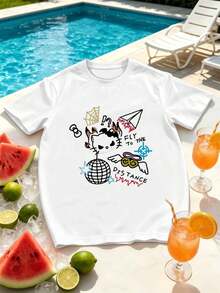 Camiseta de verano para hombre con estampado gráfico de gato, algodón premium, dise?o gráfico, estilo hip-hop urbano, transpirable. - Blanco - Ver 2