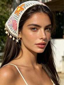 1pc Mermaid Core Ocean Style Handmade Hollow Crochet Triangle Headband, Starfish & Shell Embroidery Pendant Tassel Mesh Headscarf, Saudi Girl Headwrap Inner Layer, Beach Vacation Vibe Hair Accessory - Multicolor - View 3