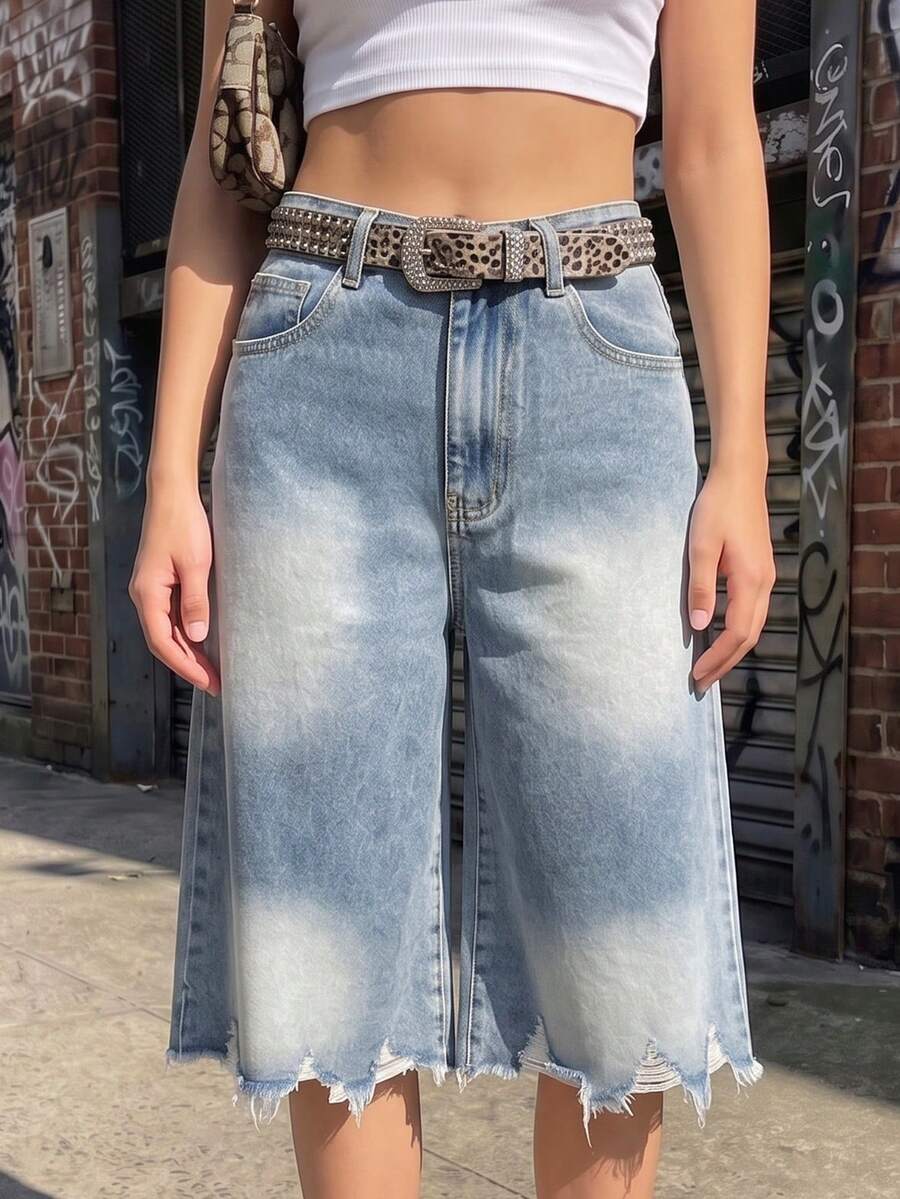 Women's Light Wash Straight Leg Cropped Jeans, Distressed Hem, Button Pockets, Non-Stretch Casual Style