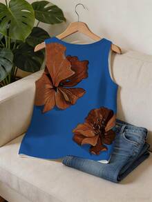 ASHKATIA Plus Size Round Neck Knit Tank Top, Printed Pattern, Regular Length, Slightly Elastic Fabric, Suitable For Autumn Wear. Fall - Navy Blue - View 4
