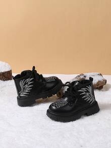 1雙兒童中式刺繡繫帶短靴，秋冬新款側拉鍊厚底工裝靴 - 黑色 - 查看 3