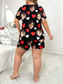 2pcs Plus Size Customized Face Photo Women's Short Sleeve Shorts Pajama Set, Personalized Heart Home Wear, Wife Gift - Multicolor - View 4