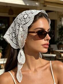 1pc Spring/Summer Fashionable White Mesh Floral Pattern Romantic Beach Lace Triangular Scarf Hair Accessory,Hair Accessories For Women - Apricot - View 20