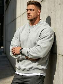 Sweatshirt Pria Kerah Bulat Minimalis Musim Gugur/Dingin Atasan Kasual Serbaguna Esensial Layering Streetwear - Light Grey - View 4