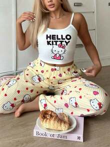 2件組 Hello Kitty 印花女款細肩帶短版背心 + 直筒彈性腰長褲居家休閒套裝 - 黃色 - 查看 4