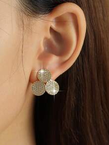 1 Pair Fashion Gold Three-Ring Clover Cubic Zirconia Stud Earrings For Women, Wedding Birthday Anniversary Gift, Daily Decor Copper Earrings - Yellow Gold - View 5