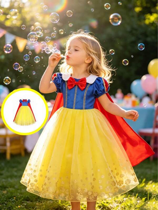 Young Girls Yellow Dress With Long Shawl Puff Skirt, Gold Flower Decor Party Dress, Suitable For Outings, Gatherings, Birthday Parties, Stage Performances And Other Major Events