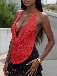 Sequin Halter Top For Women Sexy Sleeveless Deep V Neck Backless Glitter Tank Top Night Out Party Rave Outfits - 紅色 - 查看 6