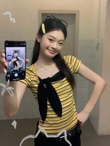 條紋方領短袖T恤，夏季韓風修身蝴蝶結設計短版上衣，女款黃色 - 黃色 - 查看 6