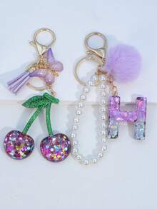 1pc Resin Starry Sky Epoxy Letter Keychain With Black Fur Ball Tassel Decor, Heart Pendant Gift For Friend And Mom - Mauve Purple - View 14