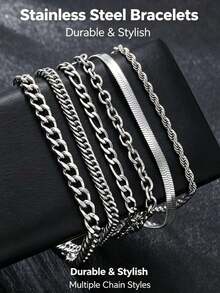 6pcs Minimalist Stainless Steel Chain Bracelet Set, Unisex Non-Fading Stackable Cuban Chain, Suitable For Daily Wear, Music Festival, Party, Vacation Outfit Accessory, Holiday Gift (Note Size: 20+5cm/7.87+1.97in) - Silver - View 14