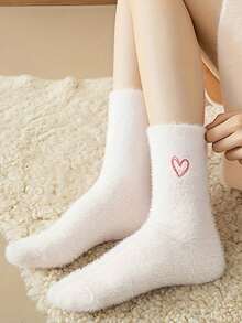 Women's Mid-Calf Floor Socks With Heart Pattern Plush, Soft Thick Daily Long Socks - Multicolor - View 4