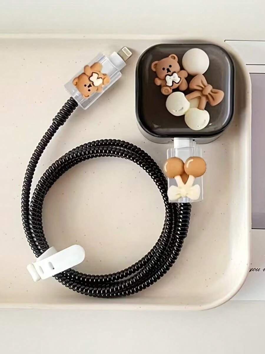 5pcs/Set Milk Tea Bear Cherry Style Apple Data Cable Protector Sleeve Compatible With UK 20W Charger Protective Case Prevent Breakage - Multicolor - View 1