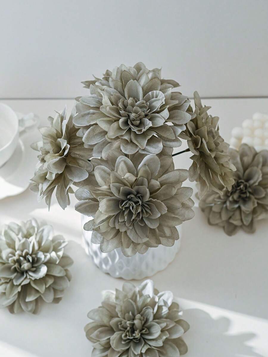 5 PCS Artificial Flowers Fake Dahlia Heads With Iron Wire Silk Peony Bouquet Bulk For Home Wedding Party Decoration Table Centerpieces - Light Ink Green - View 1