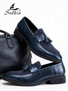 Salkin 經典設計普魯士藍男士一腳蹬樂福鞋 流蘇仿麂皮素食皮革正裝鞋 優雅紳士社交鞋 商務通勤辦公日常穿著休閒鞋 男士派對情侶約會浪漫晚餐婚禮時尚新郎鞋 開學學生鞋 假期禮物 全季男鞋，請選擇大一號 - 藍色 - 查看 11